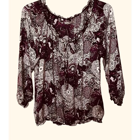 SIGNATURE BY LARRY LEVINE PULL-OVER SCOOP NECK BLOUSE, WOMENS, L, BURGUNDY BLACK - Picture 6 of 12